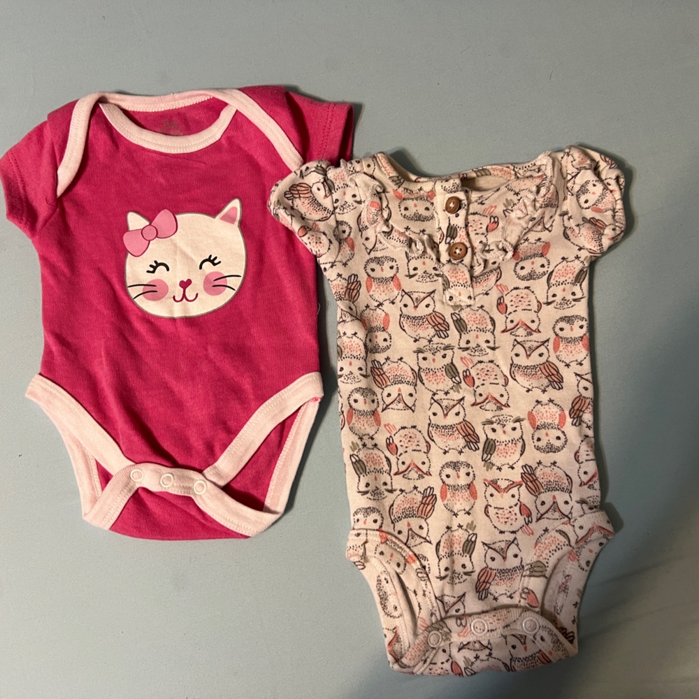 5 items for $20/ Cute girl onesies owl and one with cat